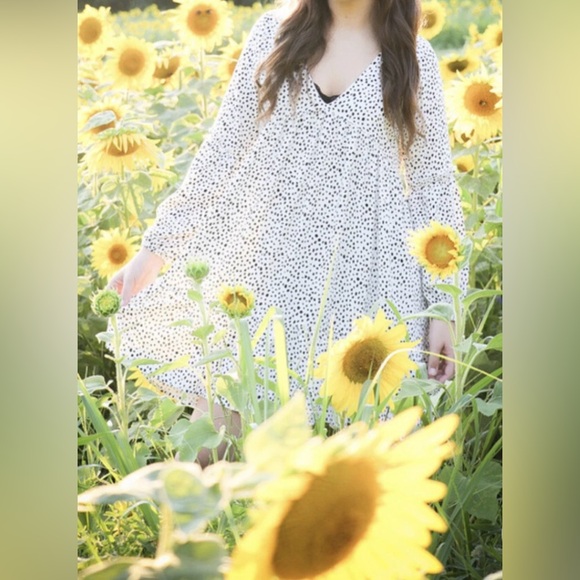 Peach Love California Black and White Mini Dress with Bell Sleeves - Picture 2 of 7